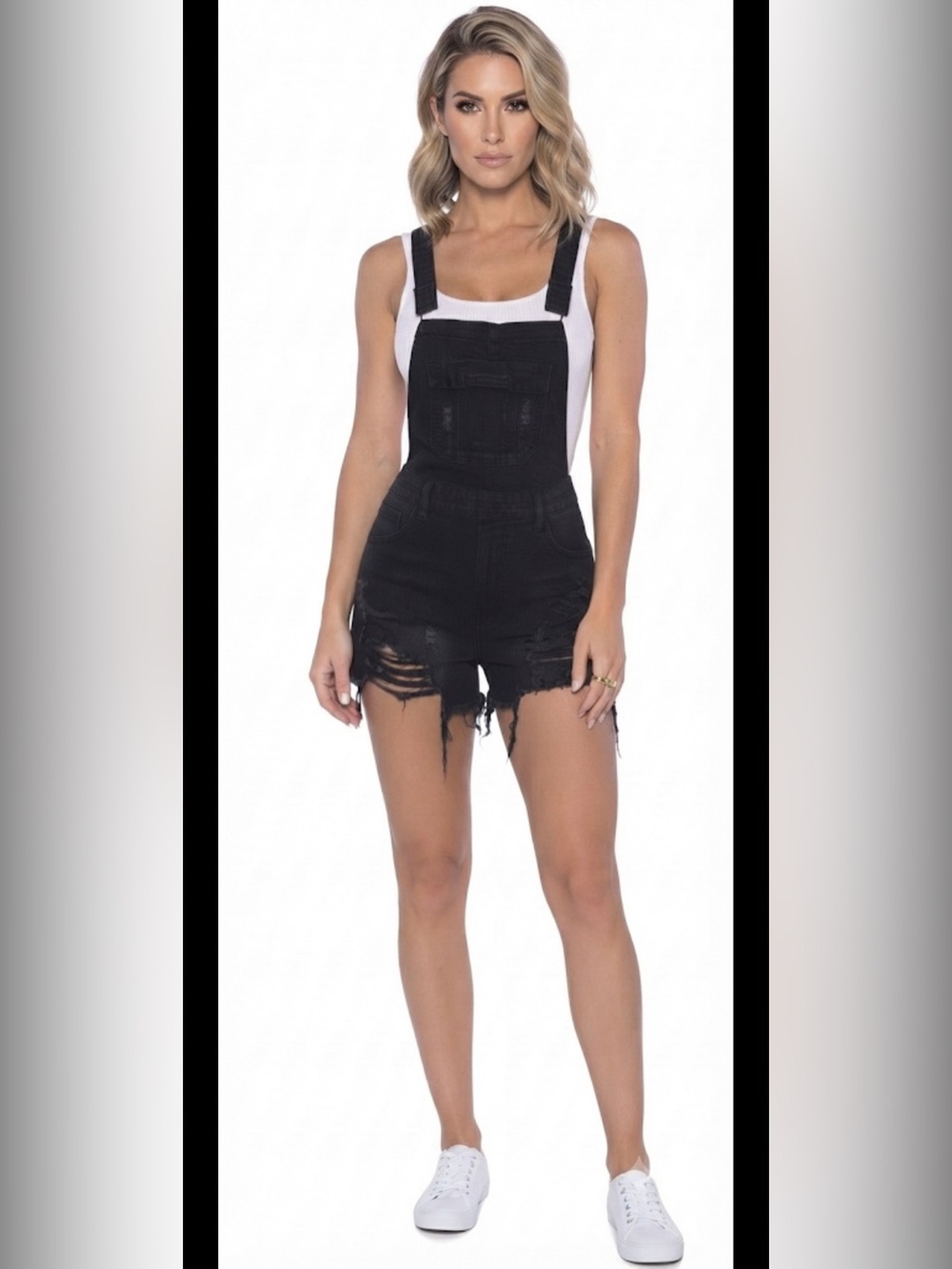 Black Distressed Denim Short Overalls - Women